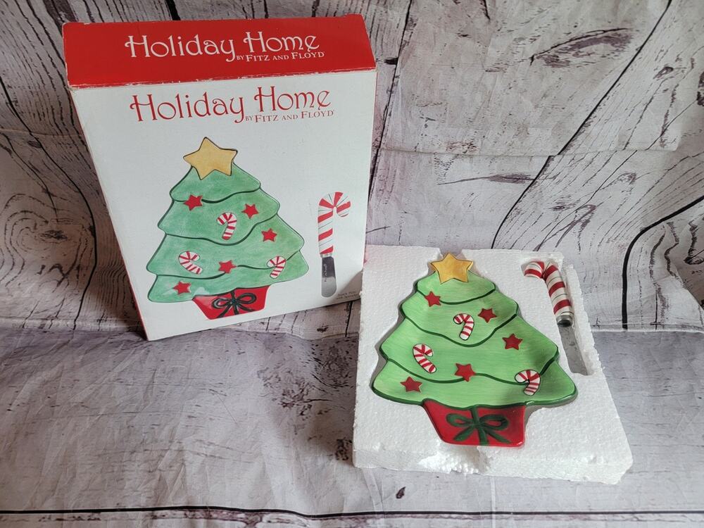 Fitz & Floyd Holiday Home Christmas Tree Snack Plate & Candy Cane Spreader w/Box